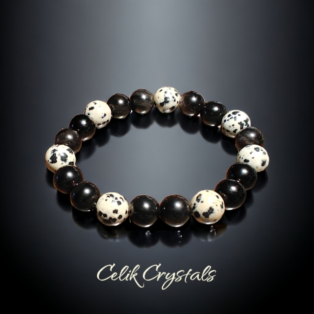 Silver Obsidian and Dalmatian Stone Bracelet 10mm Unisex